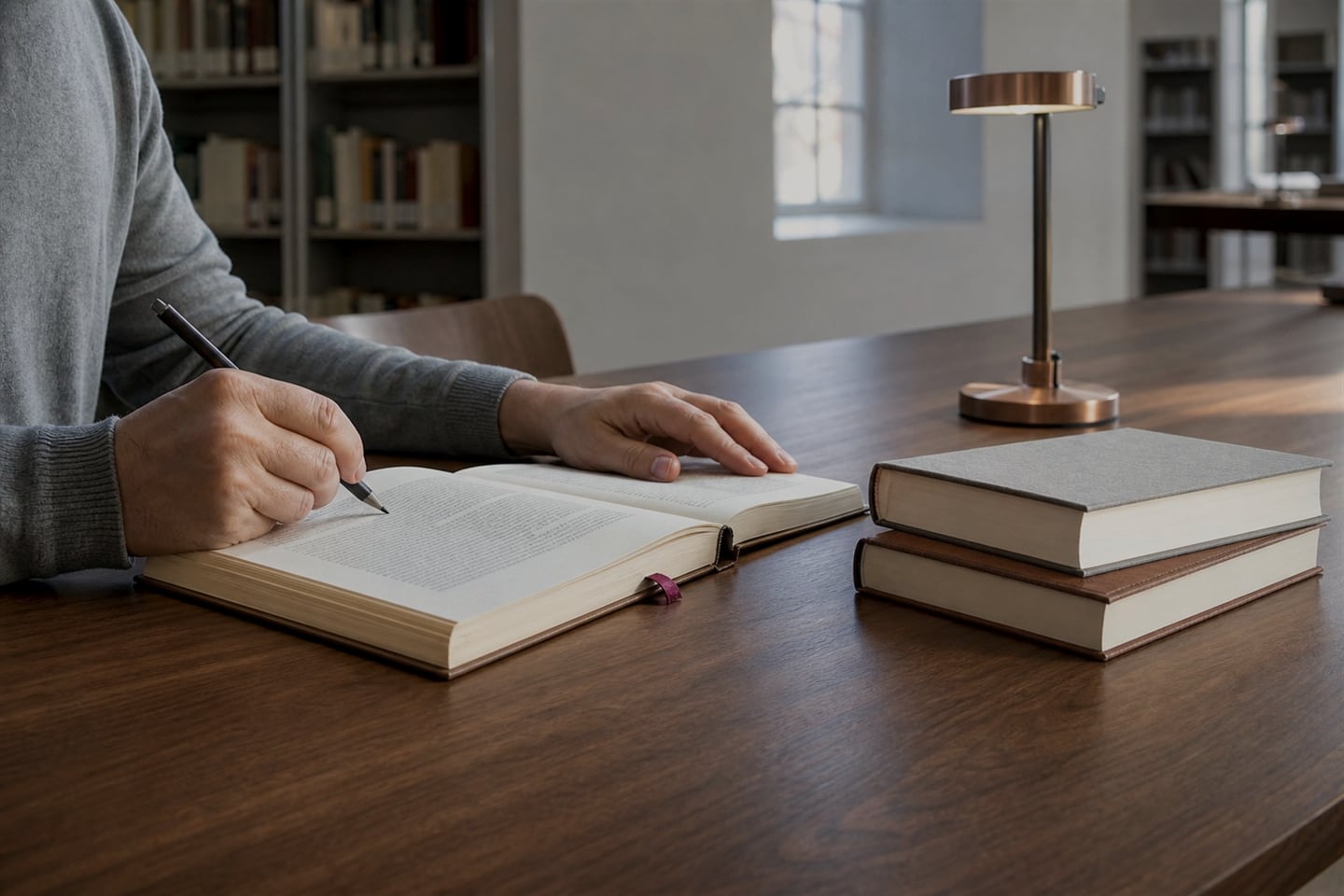 Eine lesende Person macht Notizen in einem aufgeschlagenen Buch