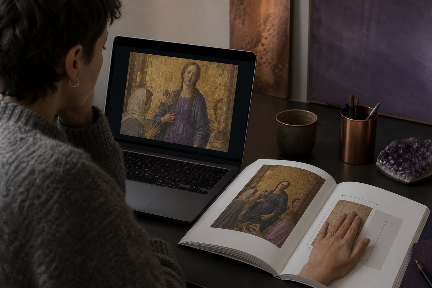 Eine Person vergleicht eine digitale Kunstansicht mit Katalogmaßen und einer Hand als Größenreferenz